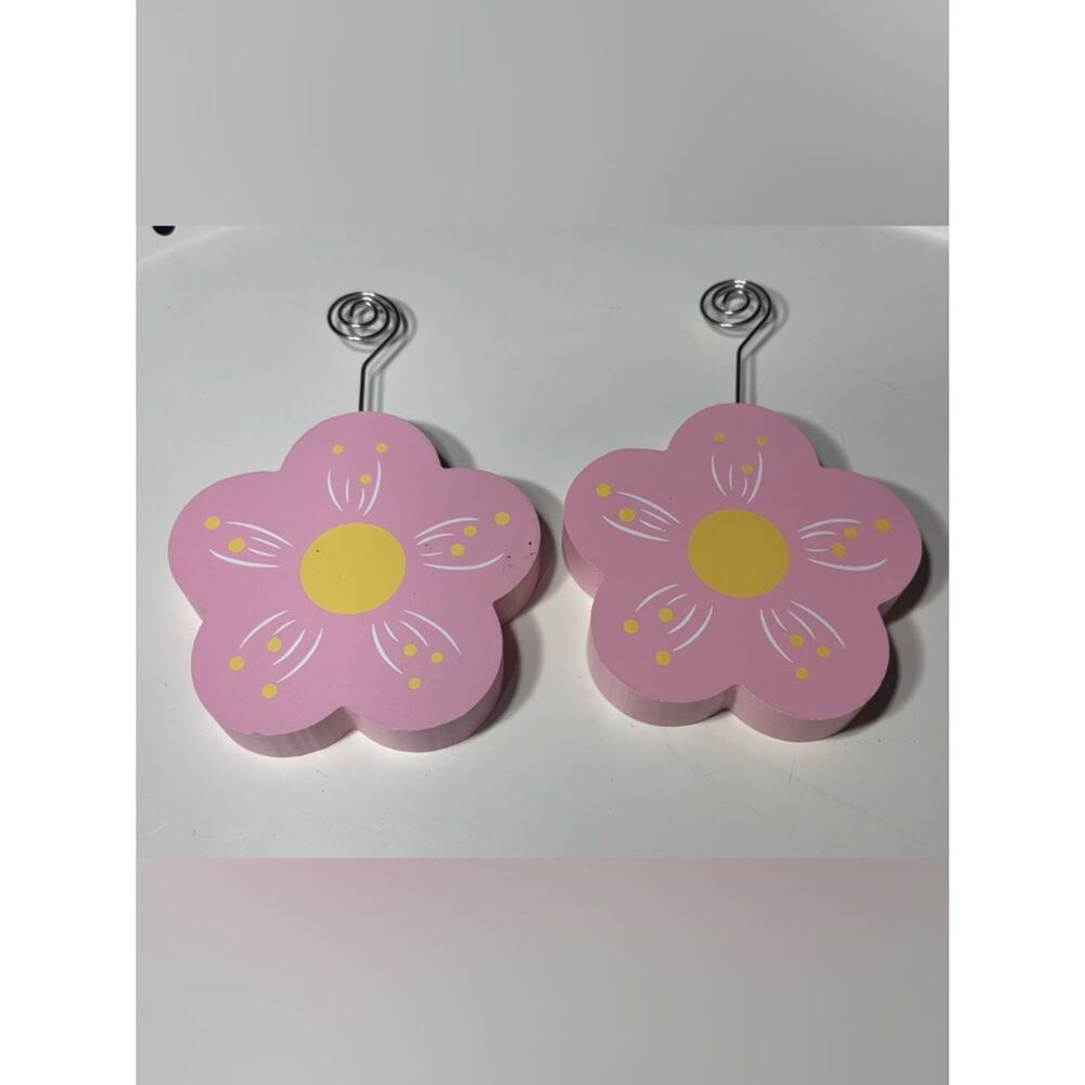 2 New Pink Flower Photo Holders with Yellow Centers